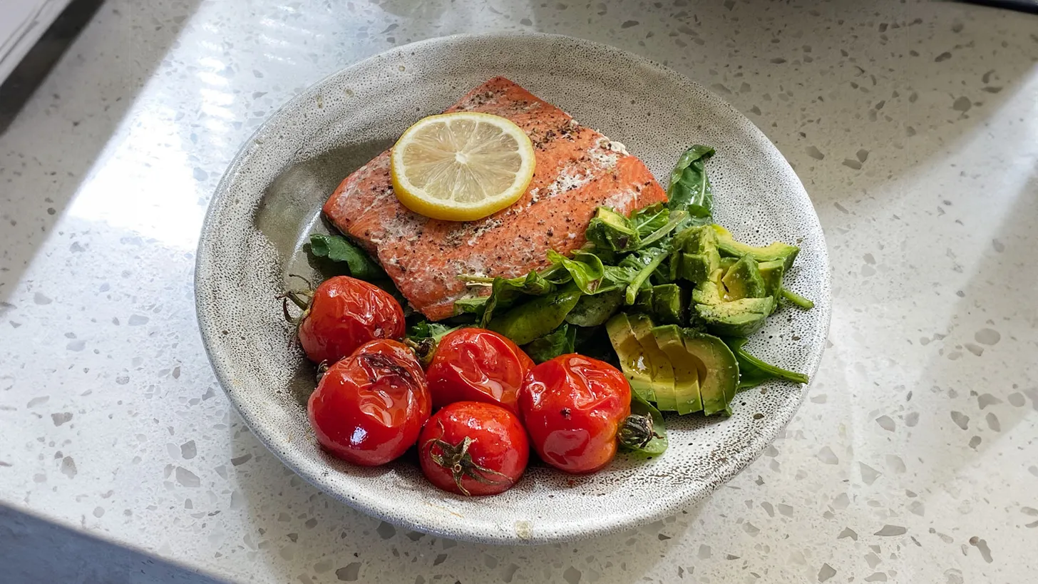Baked Lemon-Pepper Salmon with Salad and Roasted Tomatoes